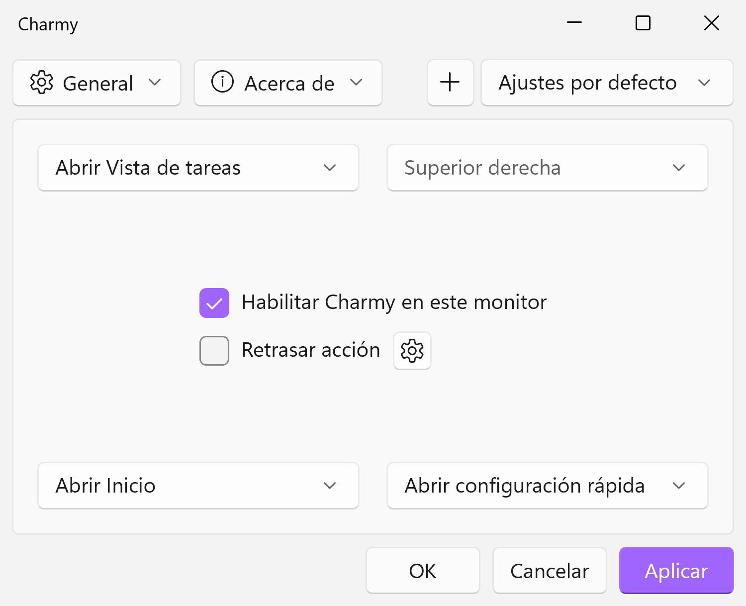 Captura de la ventana de configuración de Charmy